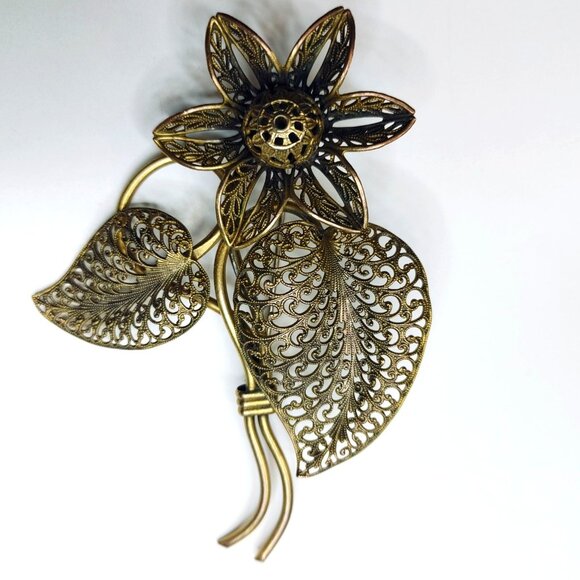 Vintage Filigree Flower Leaf Brooch Antique Bronze Delicate Artisan Handcrafted